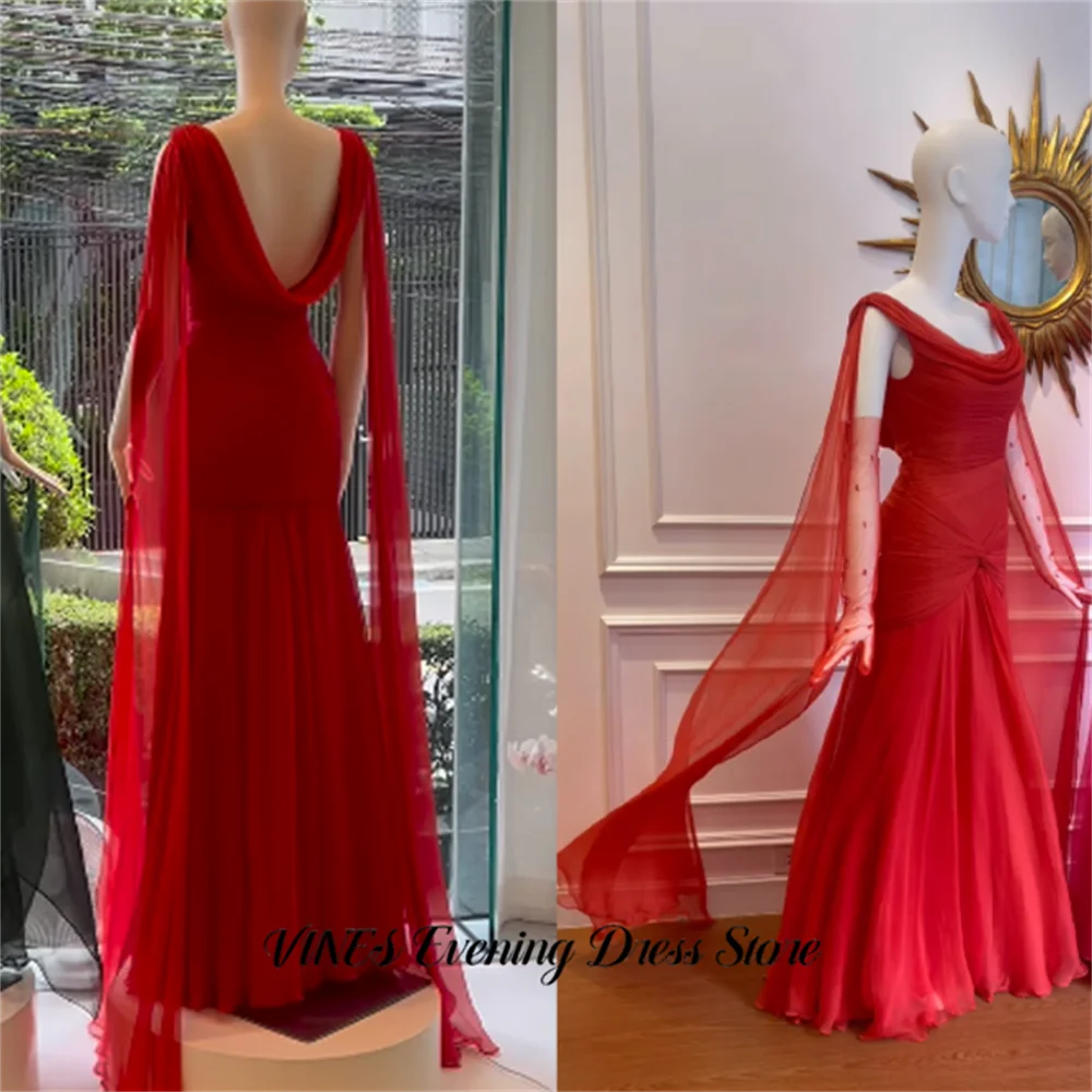VINES Red Chiffon Evening Dresses Scoop Neck Formal Gown Open Back Night Dresses with Draped Mermaid Prom Dresses Customized image 4