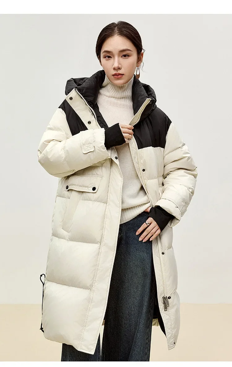 SENTUBILA High Quality 90% White Duck Down Jackets Coats Women Winter 2024 Spliced Windproof Hooded Long Outerwear W44Y56073