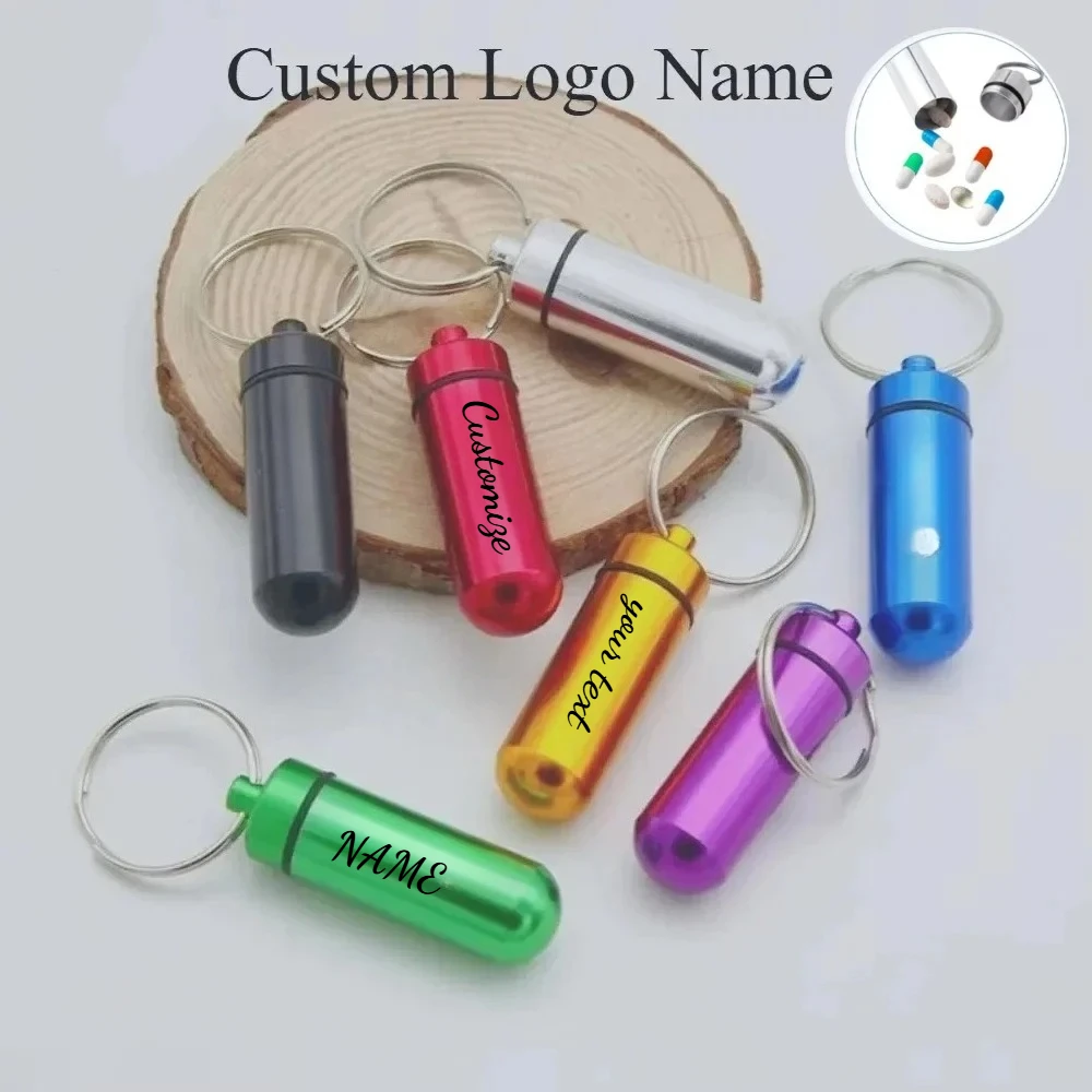 Custom Logo Name Metal Mini Pendant Portable Medicine Bottle Keychain Seal Up Hanging Bottle Waterproof Container Keyring Gift