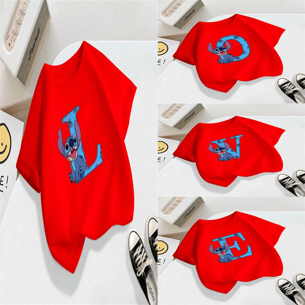 Disney Collection Stitch Children's T-shirt A-Z Lucky Letter t shirt Summer Kawaii Casual Short-sleeved Top O-neck Cute Clothes