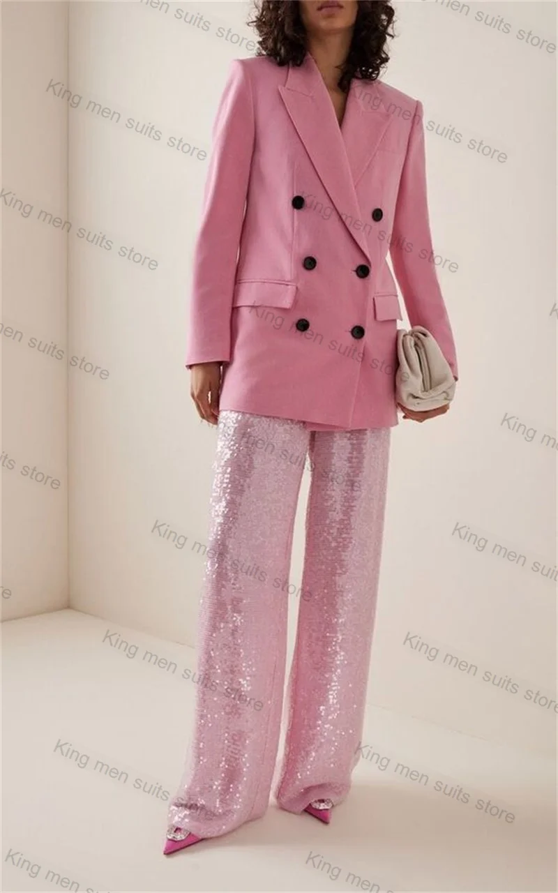 Pink Women Suit Pants Set 2 Pieces Cotton Blazer+Sequins Trousers Customized Formal Wedding Tuxedos Jacket Prom Dress Coat