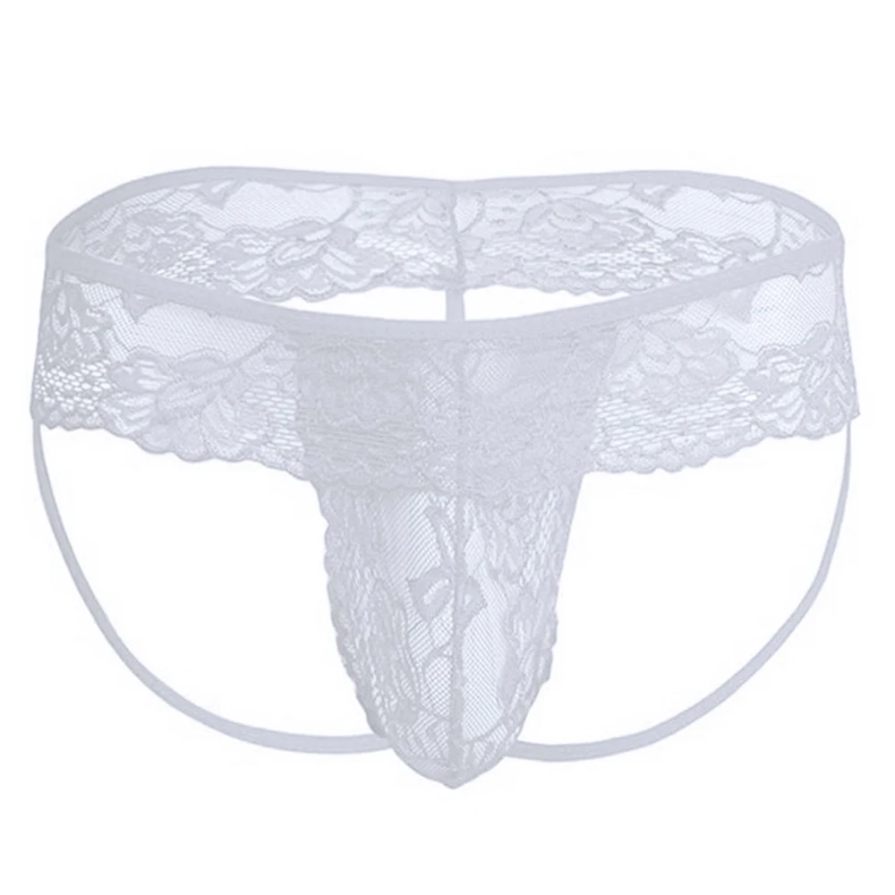 Tanga de encaje transparente para hombre, ropa interior Gay, suspensorio erótico hueco en la espalda