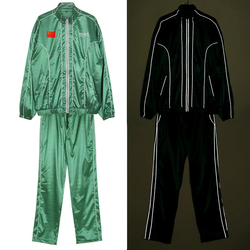 Glossy reflective green sports suit women men two-piece set Shiny plus size dance stage long sleeve outfits pants