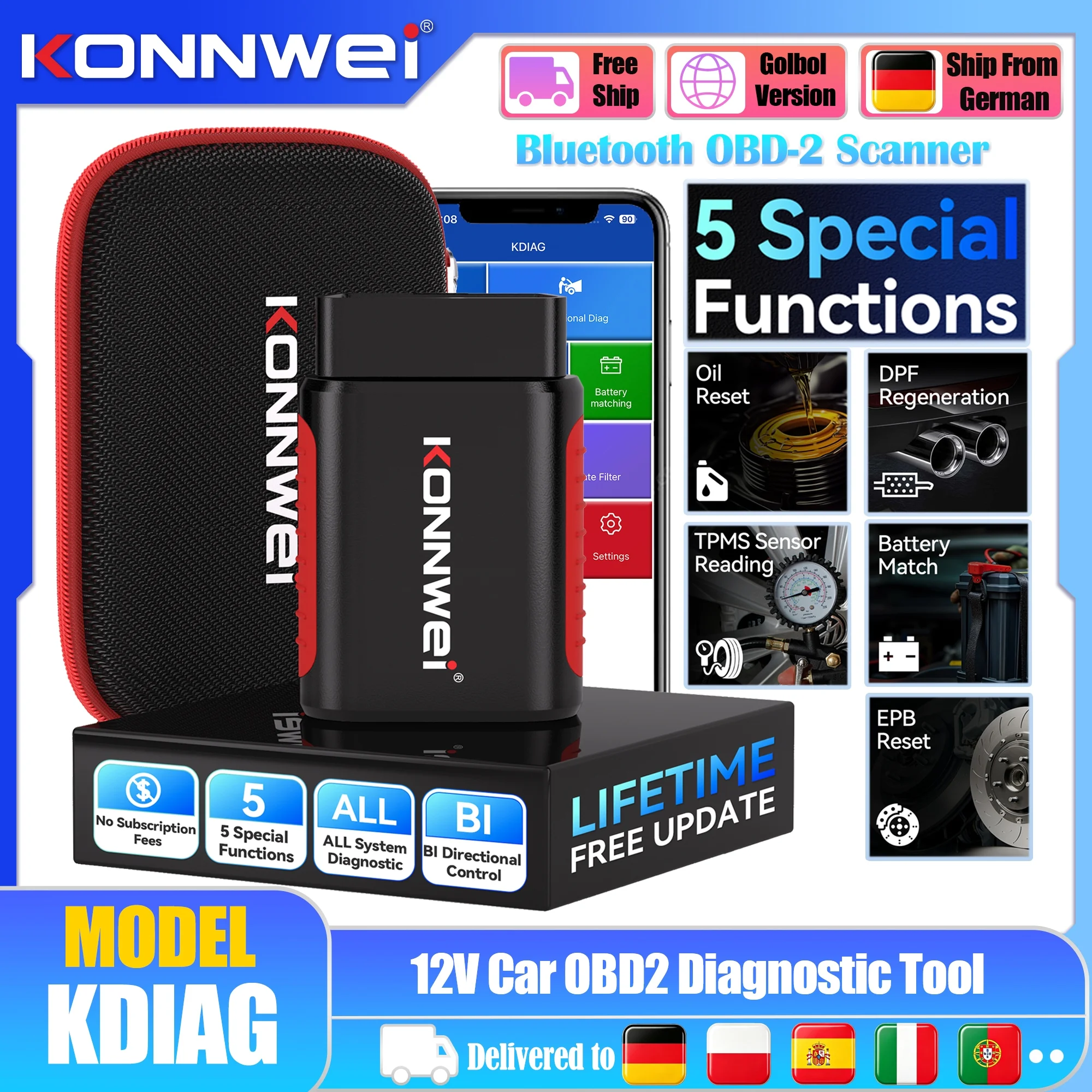 KONNWEI KDIAG Bluetooth OBD2 Diagnosegerät Automobil-Diagnosewerkzeug Vollsystem-Fahrzeug-Fehlercodeleser ABS/SRS/Airbags Auto-OBD-Scanner