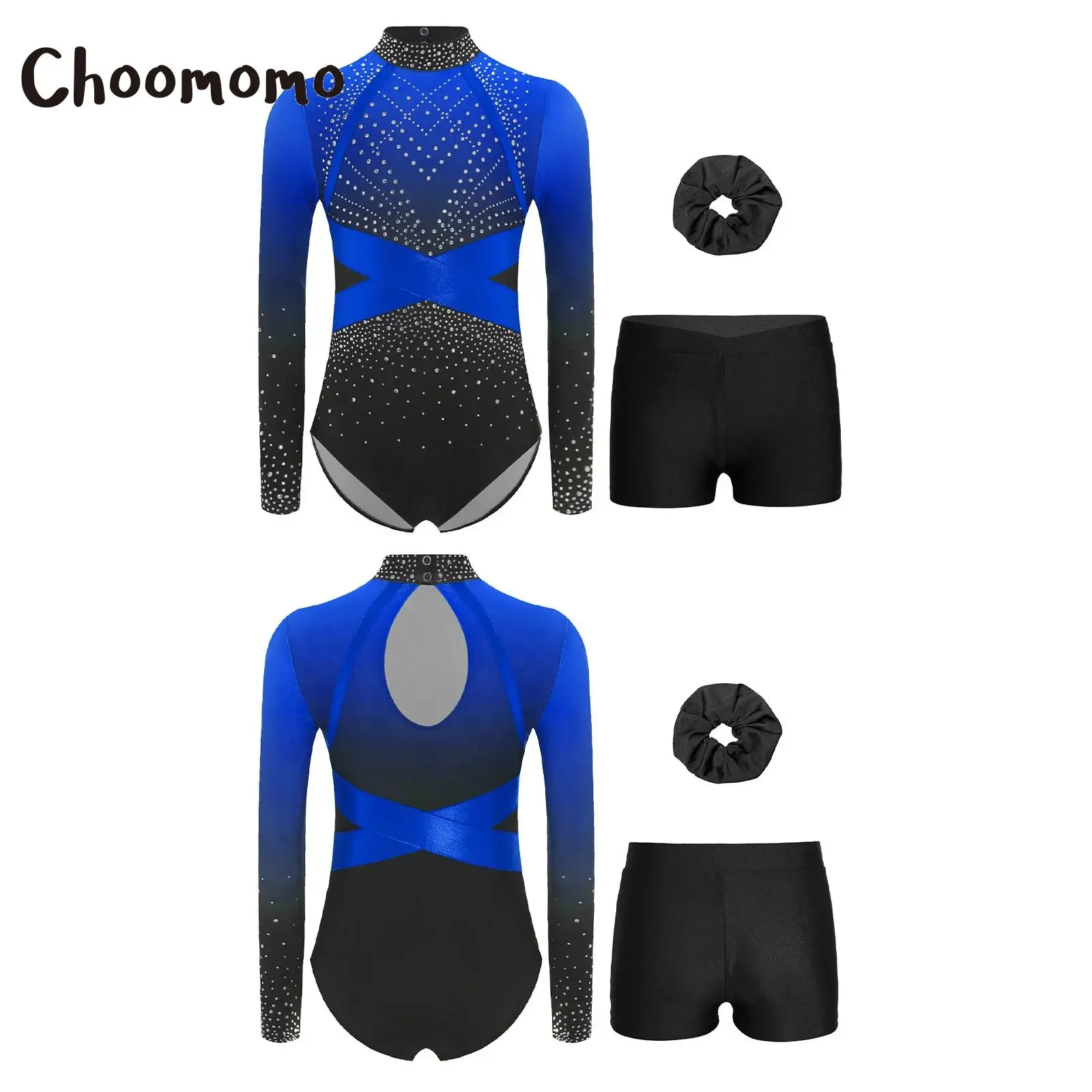 

Teen Girls Long Sleeve Ballet Dance Outfit Rhinestone Gymnastic Leotard Jumpsuit with Shorts Hairband Skating Yoga Unitard Suits