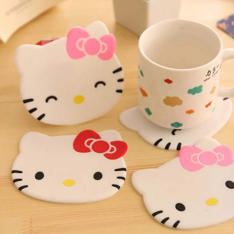 Kawaii Hello Kittys Creative Cup Mat Cartoon PVC Soft Adhesive Office Coffee Anti Slip Mat Home Dining Table Heat Insulation Pad