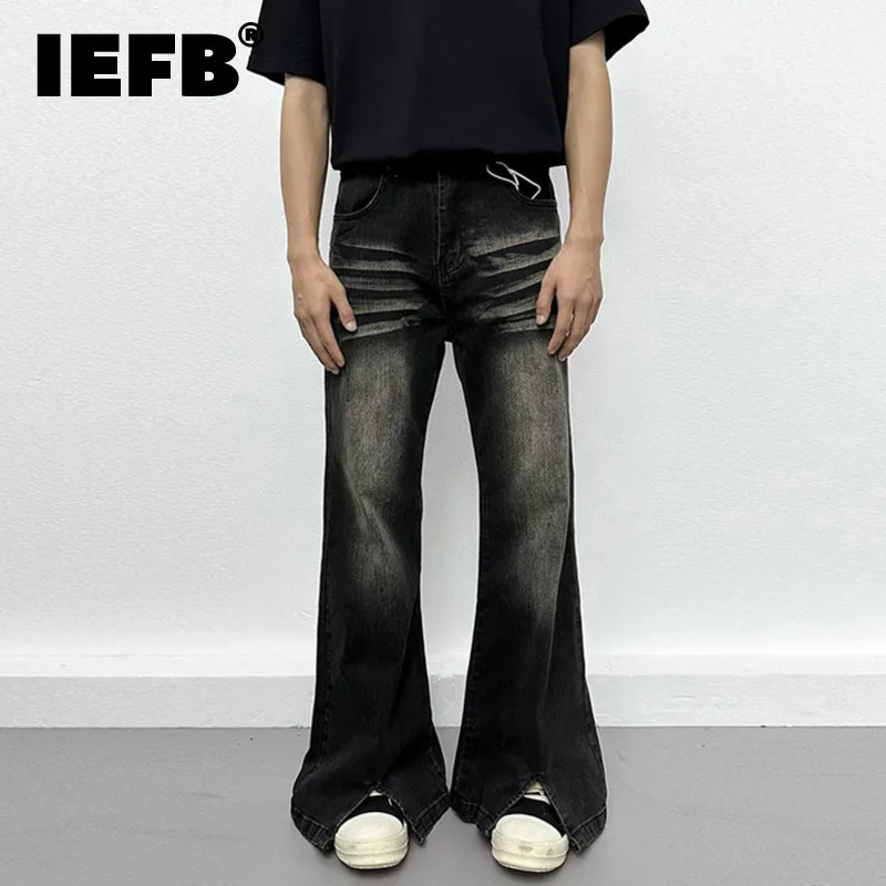 IEFB High Street Men's Denim Pants Casual Washing Crease Slit Design Bottom Worn-out Solid Color Straight Leg Male Jeans 9C9249