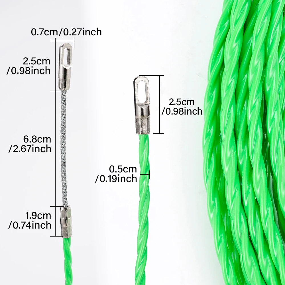 5MM Fiberglass Fish Tape Cable Puller 5-50M Green Wall Conduit Wire Pulling Threading Tool  For Electrical Wiring Installation