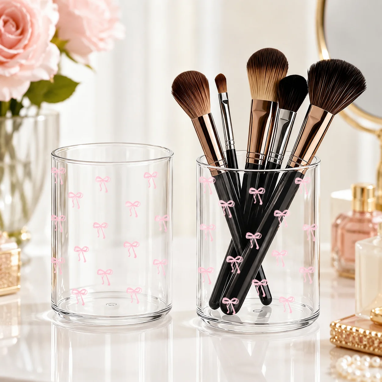 Clear Acrylic Makeup Brush Holder Pink Bow Vanity Desk Organizer Cup for Women Cosmetic Lipstick Pencil Storage