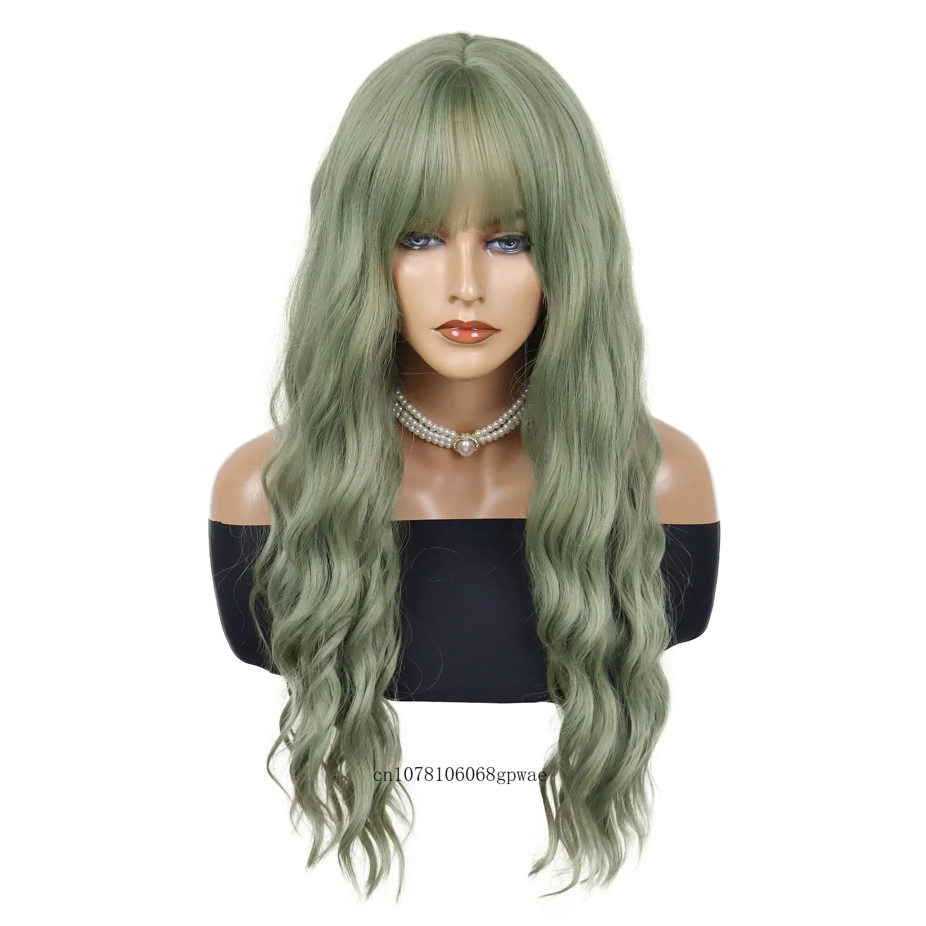 Synthetic Cyan Blue Cosplay Wigs for Women Long Water Wavy Wig with Bangs Lady Female Wigs Costume Party Halloween Masquerade