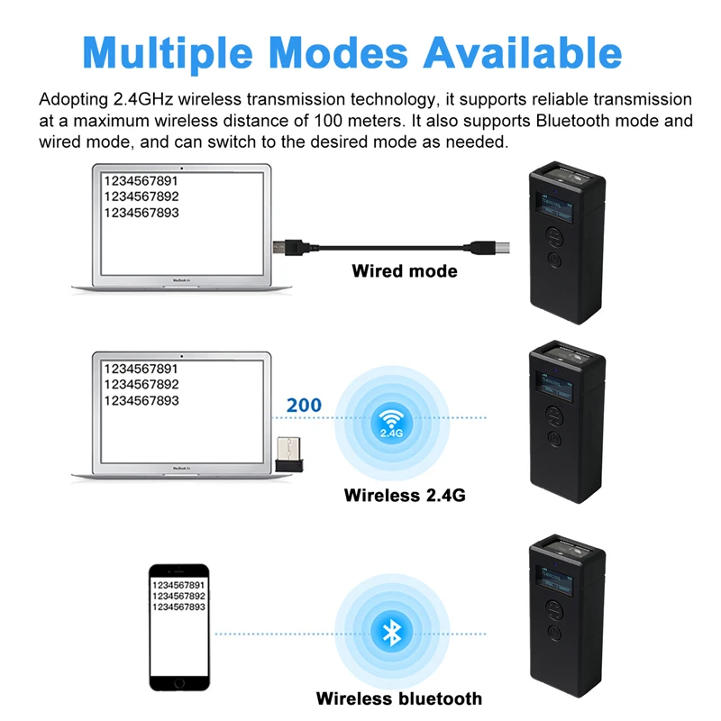 

Портативный 2D-сканер штрих-кода 2,4G, беспроводной Bluetooth, портативный мини-сканер 1D 2D QR-кода с функцией хранения для Android IOS