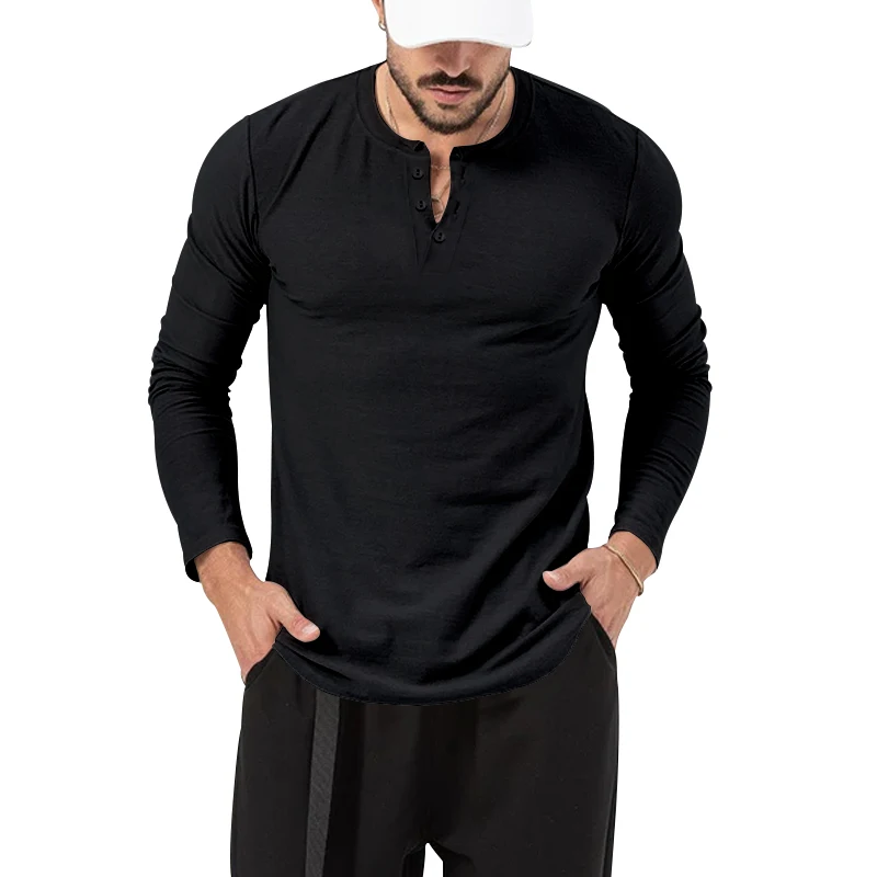 Men\'s round neck solid color button up long sleeved T-shirt Henley casual sports bottom shirt