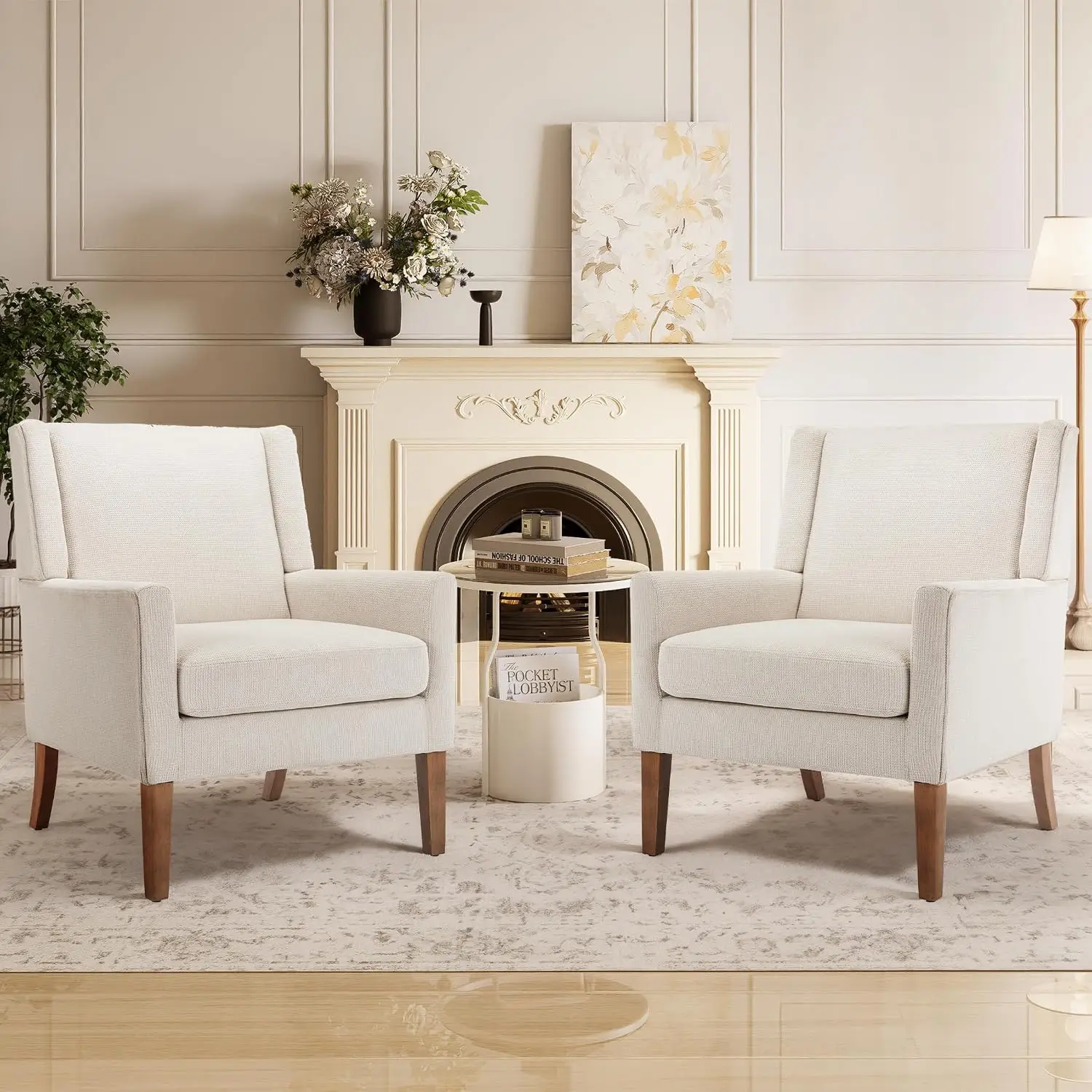 Wingback Accent Chair Mid-Century Single Sofa Wood Legs Velvet Fabric Oversized Armchair Living Room Bedroom Lounge Set 2, Custo