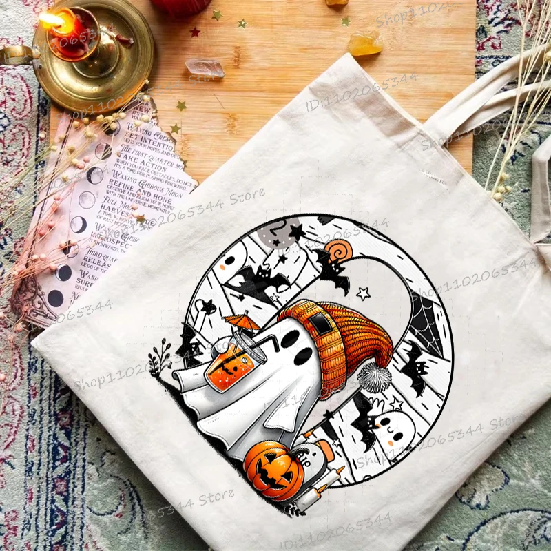 

Letter Halloween Boo Pattern Tote Bag Casual Canvas Shoulder Bag Women Shopping Bag Student Large Capacity Halloween Handbags