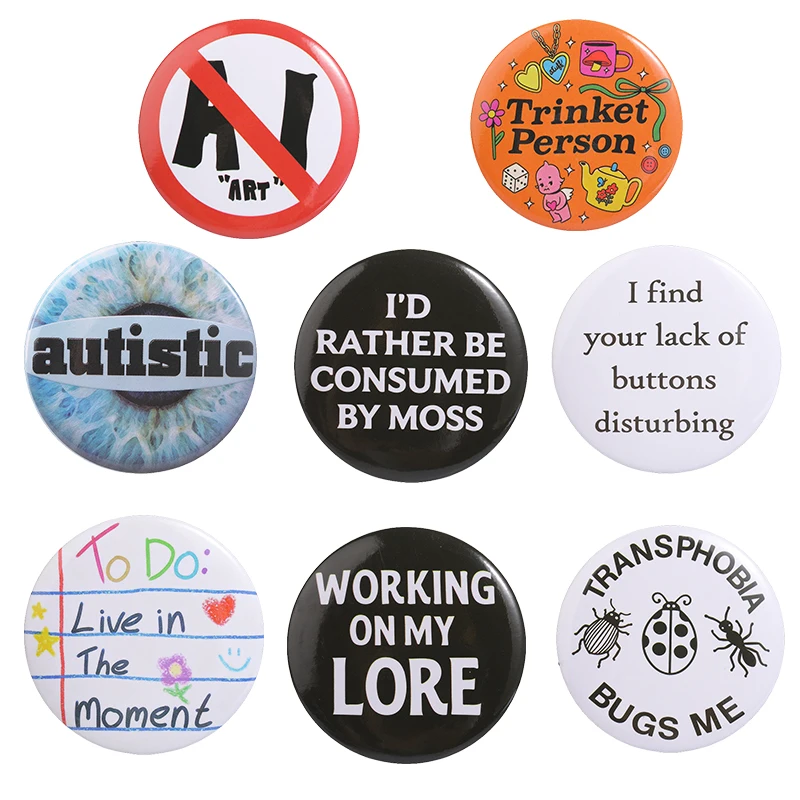 Creative No AI Art Meme Tinplate Soft Button Pin Live In The Moment Transphobia Bugs Me Autistic Brooch Jewelry Accessory Badges 2