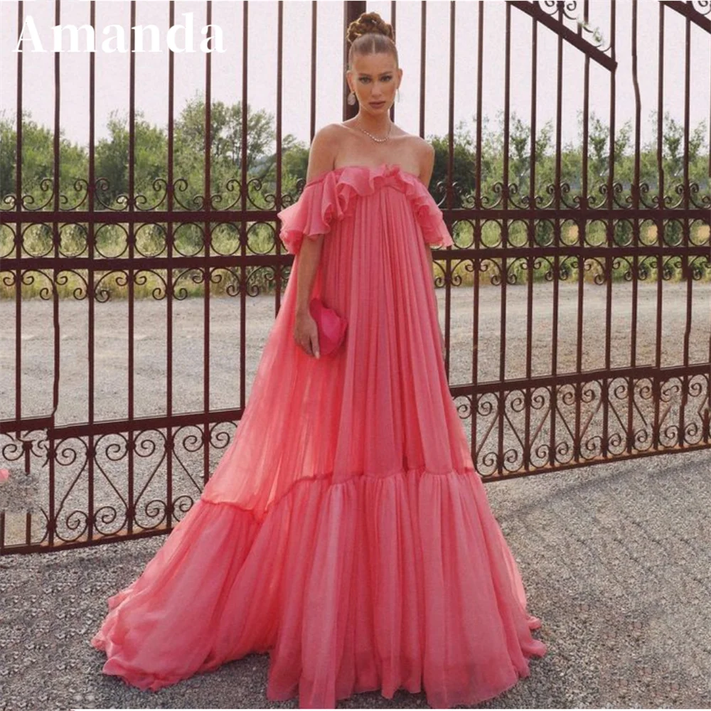 

Amanda Elegant Off Shoulder فساتين السهرة Crimping Tulle Floor Lenght Prom Dress 2023 Sexy Short Sleeve Watermelon Red Prom Gown