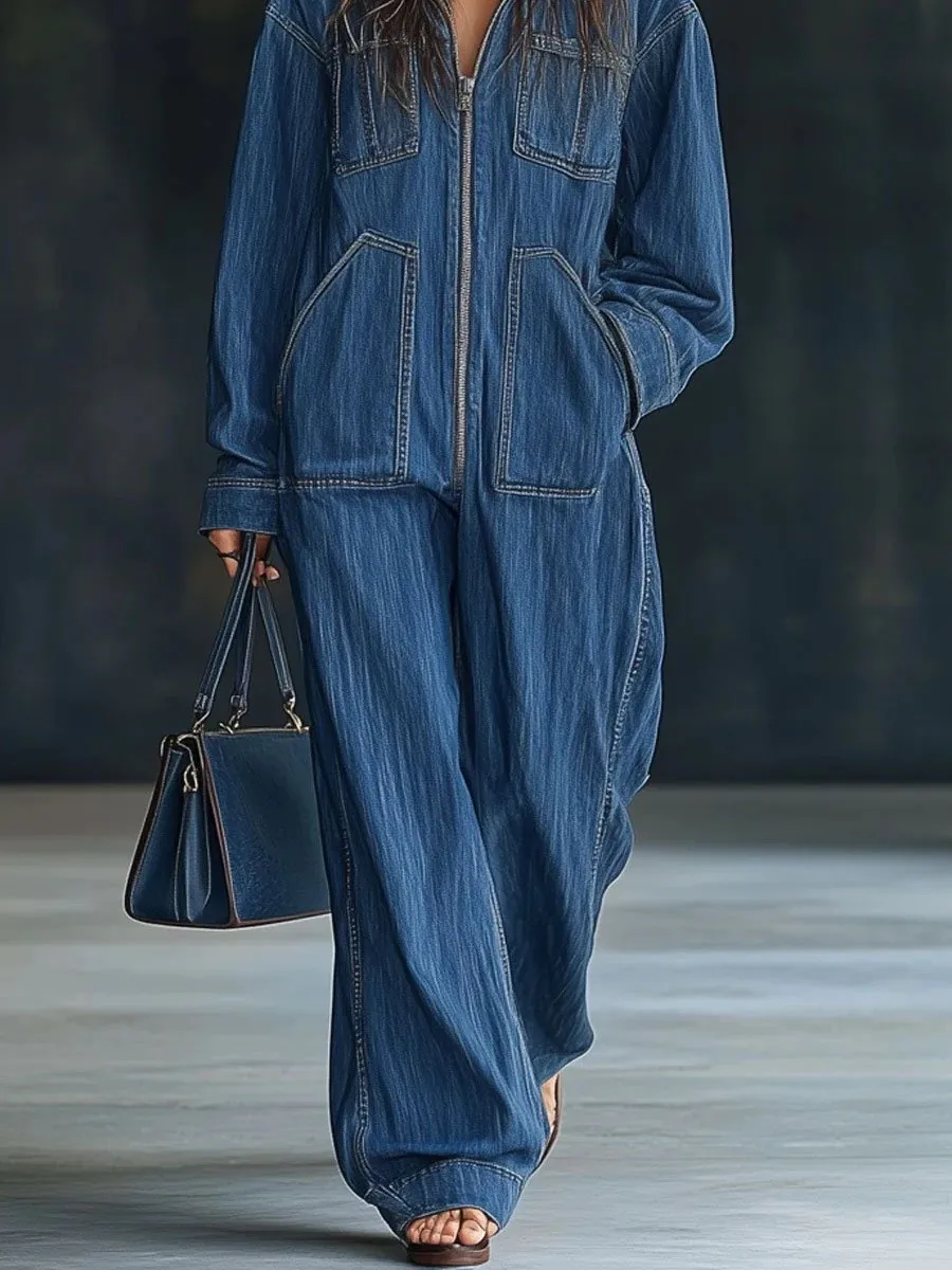 No Stretch Long Sleeve Jeans Straight Leg Elegant Women Jumpsuit with Loose Waist Commuter Spring Romper Regular Sleeve