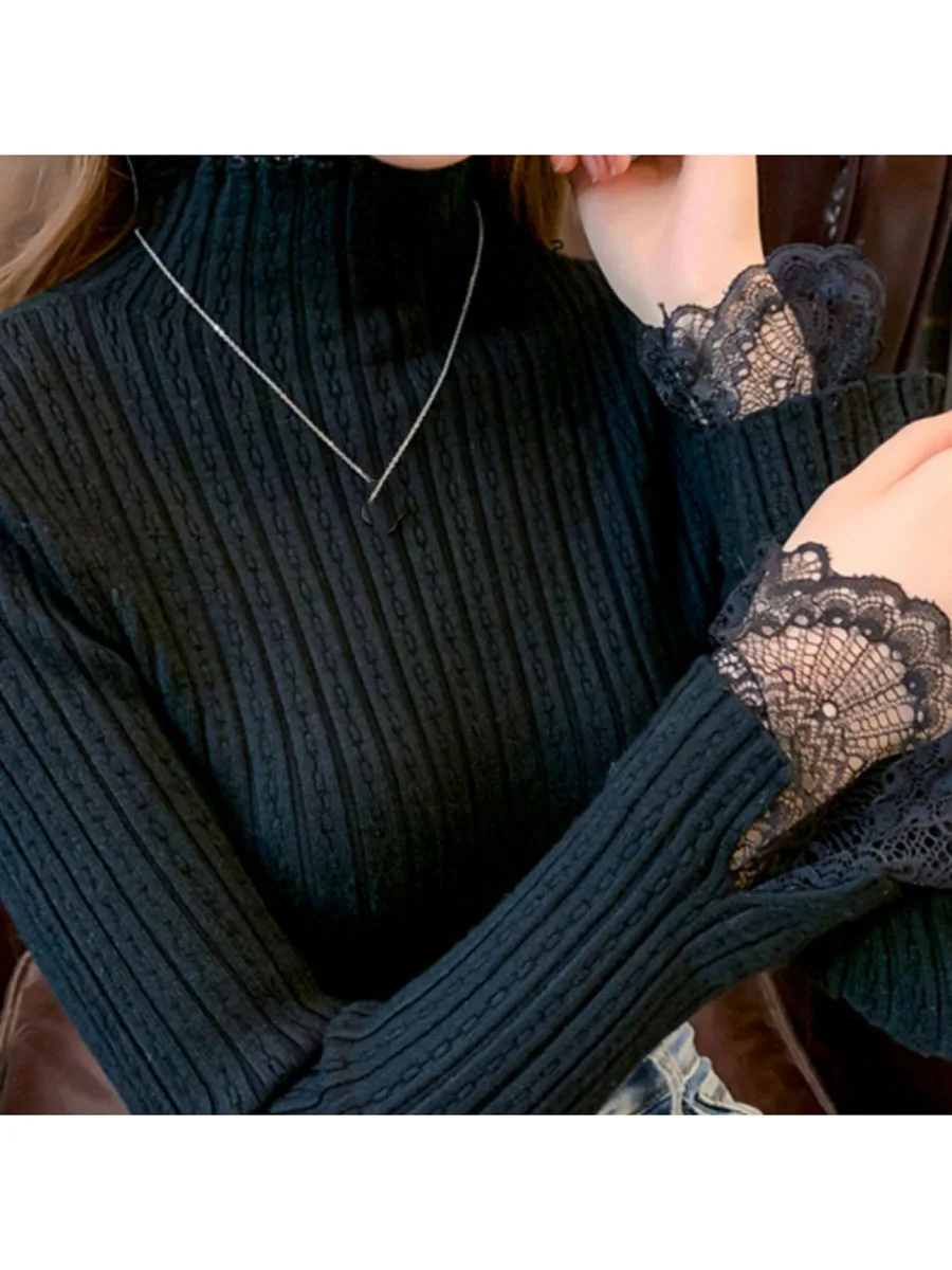 Long Sleeve Solid Knit Sweater for Women Featuring Soft Polyester Fabric and Elegant Lace Trim at Hem and Cuffs