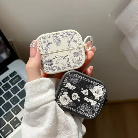 삼성 갤럭시 Buds3/Buds 3 Pro 커버 가죽 Buds3Pro 케이스 용 블랙 화이트 로즈 플라워 이어폰 케이스 후크가있는 충격 방지