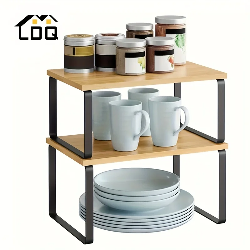 LDQ 2 pièces organisateur d'armoire, étagère de comptoir de cuisine, étagère à épices, empilable, extensible, métal et bois massif