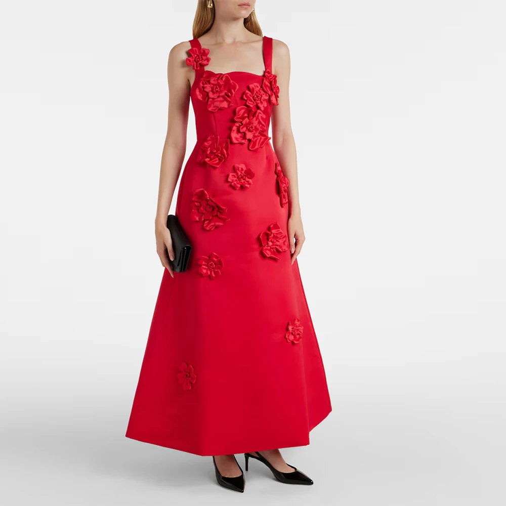 

Red Evening Gown For Wedding A Line Formal Party Dress Straps Sleeveless Saudi Dress Ankel Length Prom Dress With Flowers