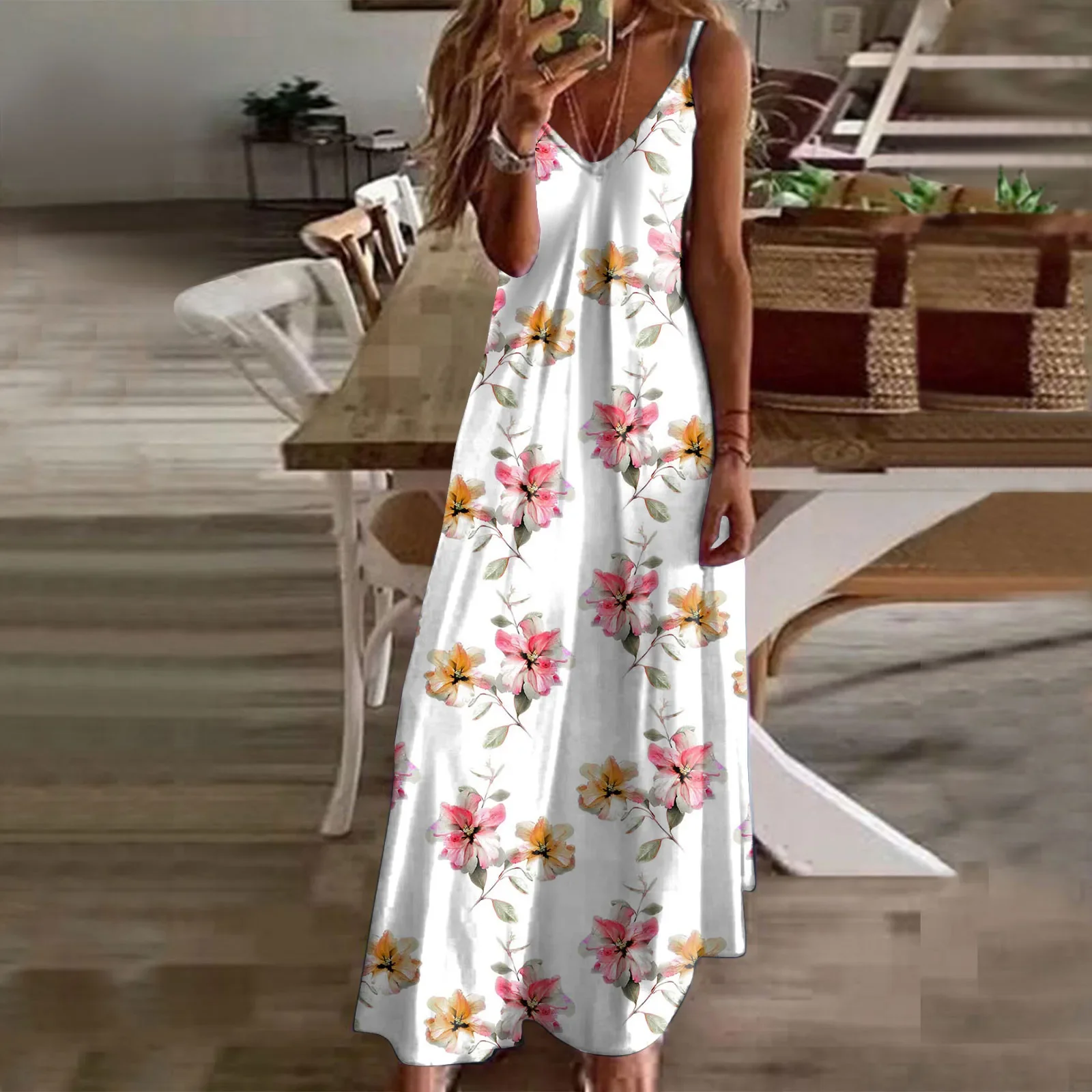 

Maxi Dress For Women Feather Printed Lace Sling Ladies Loose-fitting Hollow Out A-Line Long Dress Streetwear for Party