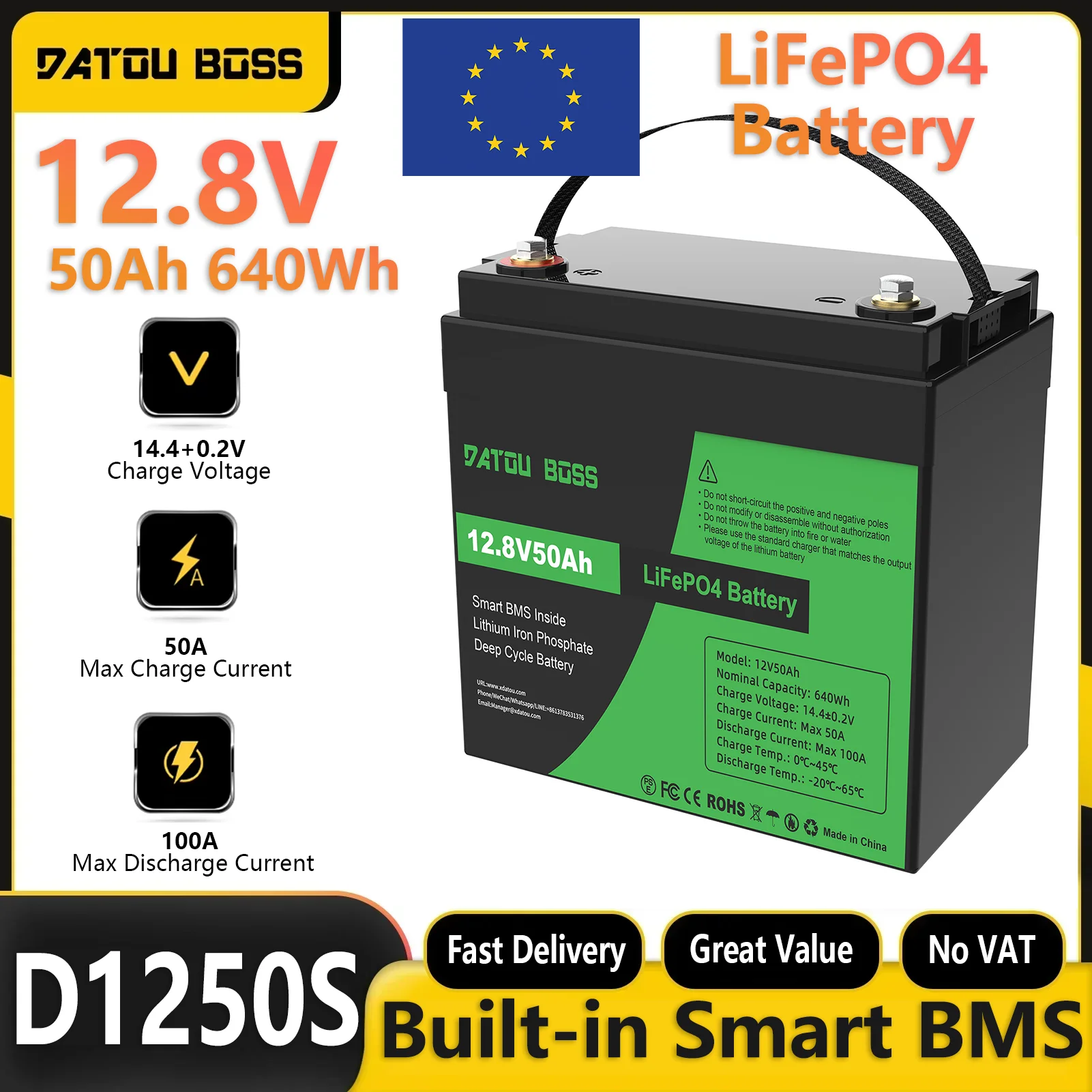 Batteria DATOUBOSS 12,8V 50Ah LiFePO4 640Wh a ciclo profondo, batteria al litio ferro fosfato con BMS intelligente integrato, supporto 4S4P per accumulo di energia solare, camper e uso domestico