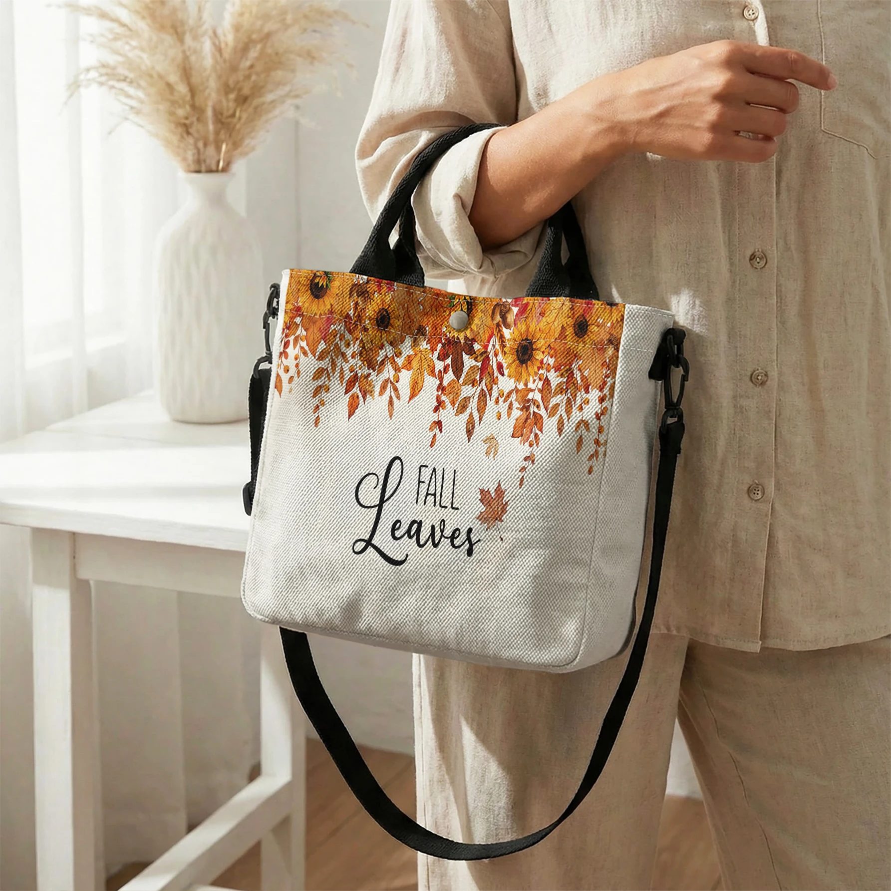 Sunflower Maple Fall Leaves Print Tote Bag Large Capacity Shoulder Bag For Shopping Travel Daily Use