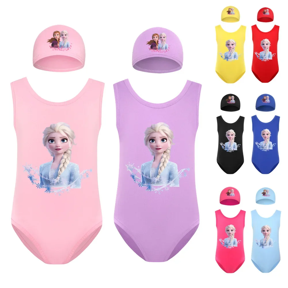 Kids Girl One-Piece Swimwear Cartoon Frozen Elsa Print Baby Swimsuit + Swimming Cap Set Children Movement Outfit Party Bodysuit