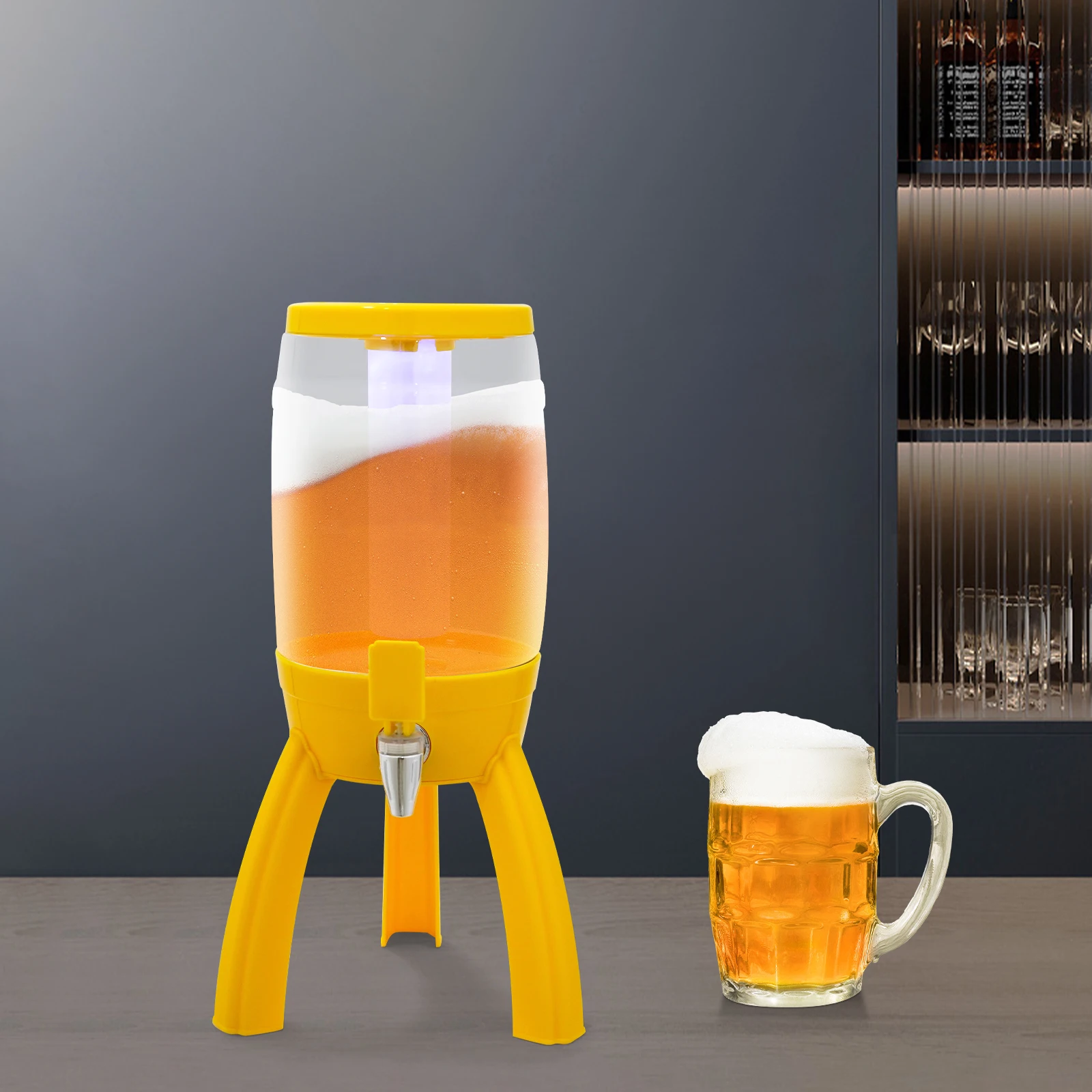 Yellow ABS/PET 3L Three-legged Craft Beer Barrel with Faucet LED Icicle Lamp Party Wine Distributor
