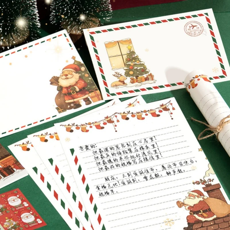 6/12pcs Christmas Letter Writing Paper Vintage Santa Claus Envelope Xmas Stationery for Greeting Message Gift Notes DIY Decor