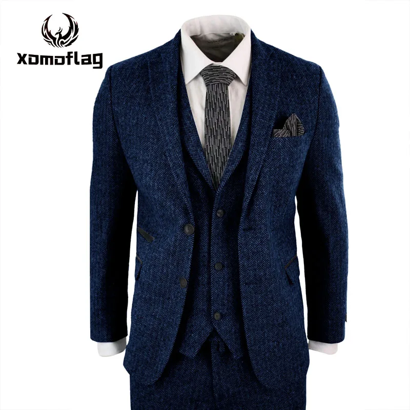 

Navy Blue Wedding Tuxedos Autumn Winter Single-Breasted Thick Herringbone Tweed Formal Men Suits Blazer Vest Pants 3-Piece Set