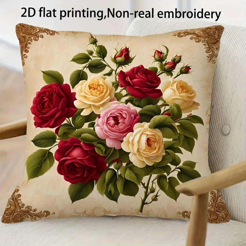 2D-Gedruckter Vintage-Rosen-Blumen-Kissenbezug Retro-Blumenstrauß-Druck Weicher Zierkissenbezug für Shabby-Chic Wohndekor Geschenk