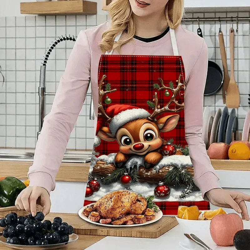 1pc Apron with Christmas Deer Playing in a Snowy Scene, Adorned with Red and Green Accents, Festive Christmas Home Decor, Sleeve