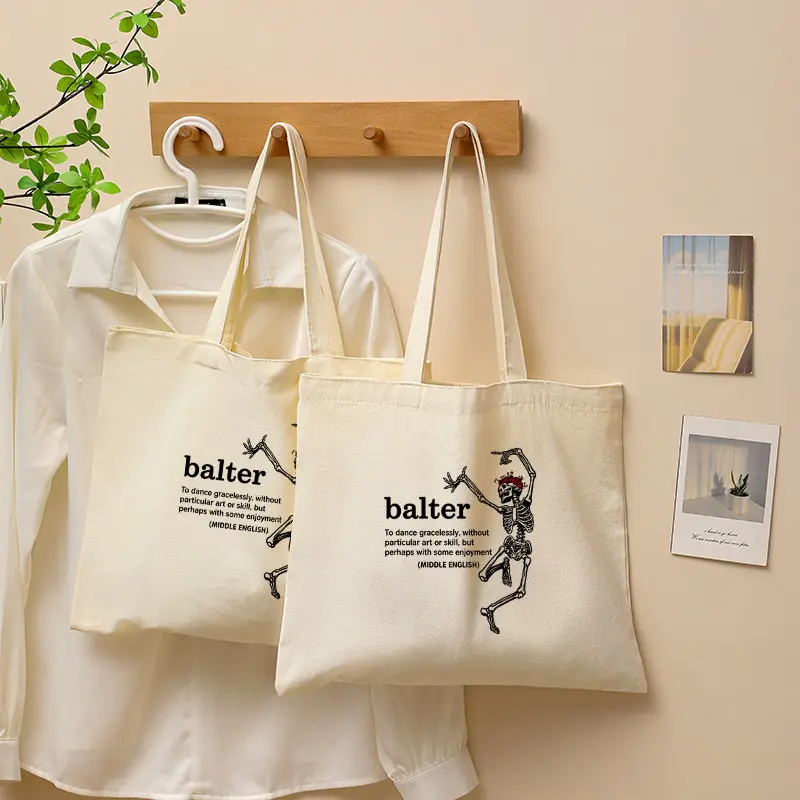 Balter Dancing Skeleton Canvas Tote Bag Funny Skull Print Shoulder Handbag Large Capacity Daily Shopping Travel Grocery Bag Gift
