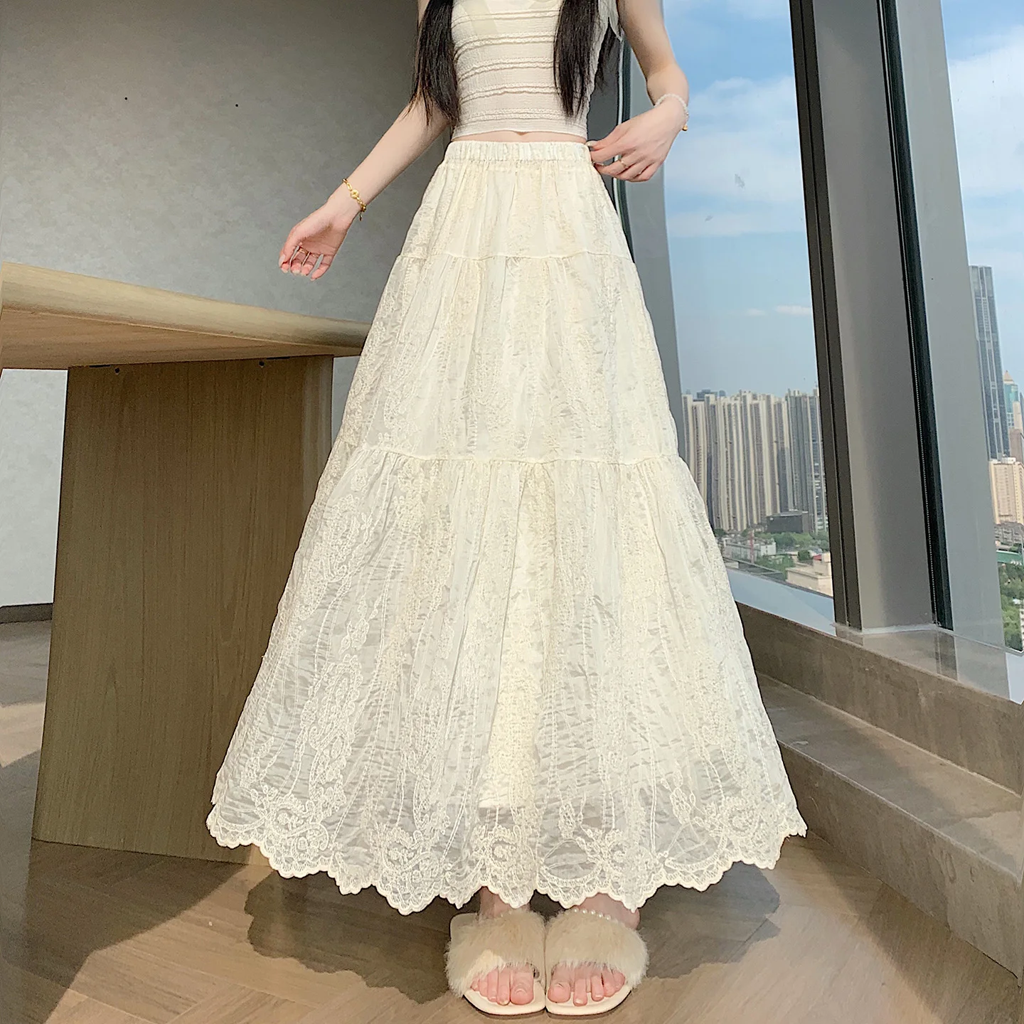 Elegant Heavy Embroidery A-Line Midi Skirt Summer Beautiful Flared Umbrella Skirt High Waist Comfortable Fit City Commute