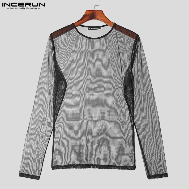 2024 Men T Shirt Mesh Sexy O-neck Long Sleeve Skinny Men Clothing Streetwear Transparent Fashion Casual Camisetas S-5XL INCERUN