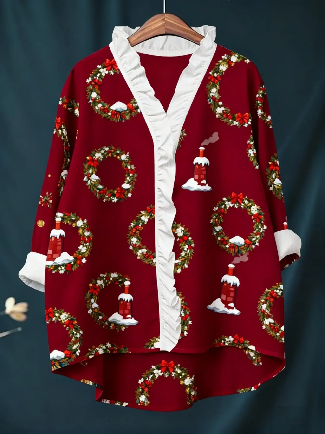 New women's Christmas digital printed long sleeved shirt with ruffled collar, loose fit, versatile and practical to wear
