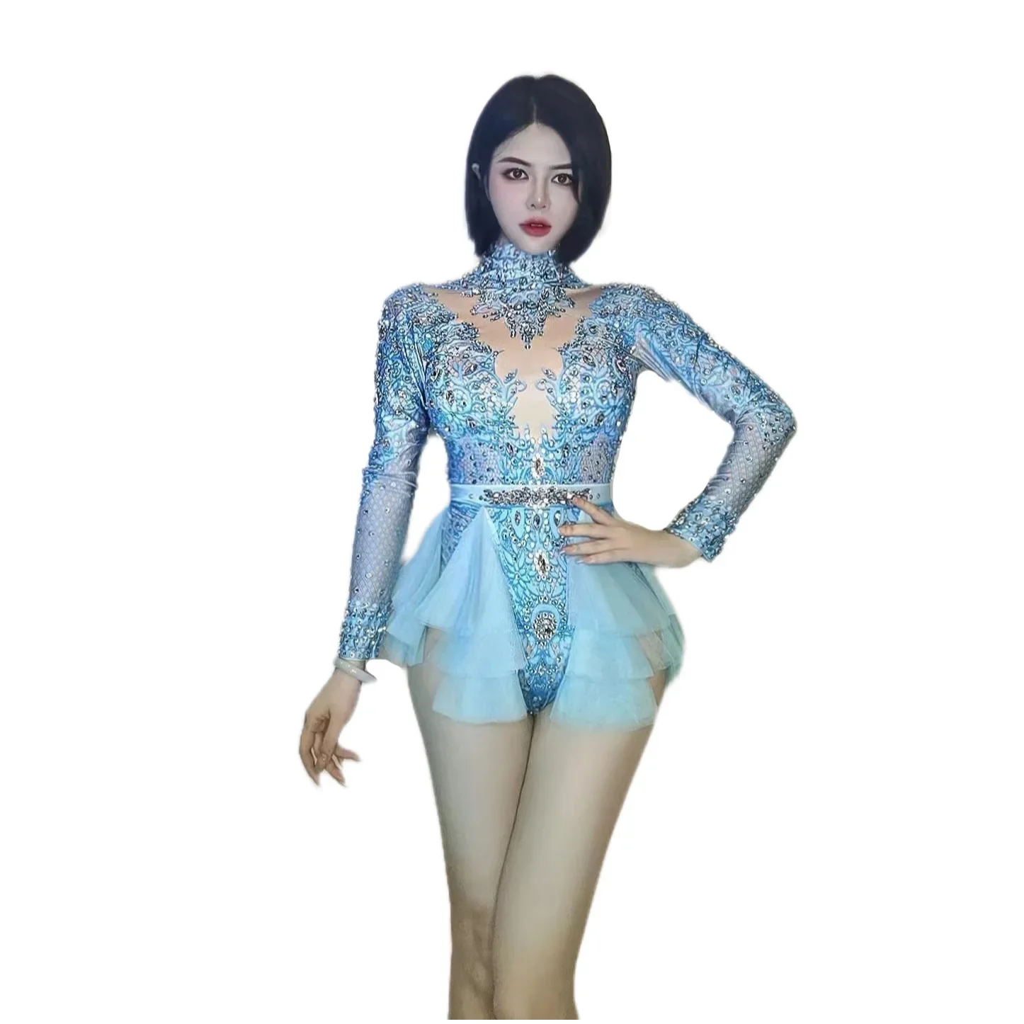 

Blue Shining Rhinestones Long Sleeves Sexy Gauze Bodysuits For Women Nightclub Party Clothing Prom Pole DJ Stage Costumes