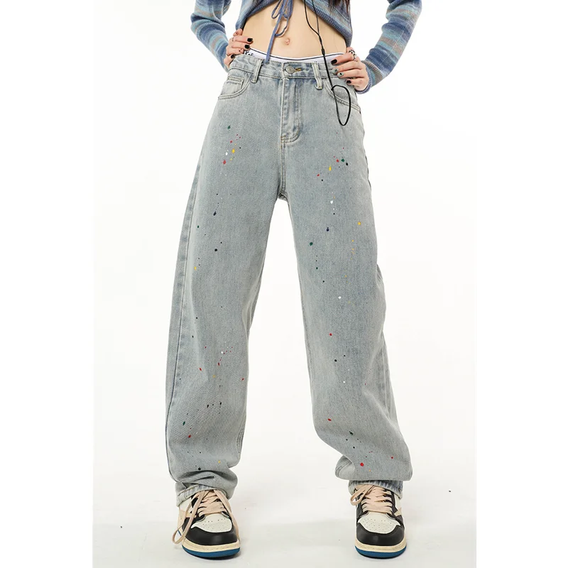 Vintage Blau Hohe Taille Frauen Jeans Graffiti Amerikanischen Mode Streetwear Breite Bein Jean Weibliche Winter Hosen Baggy Denim Hosen