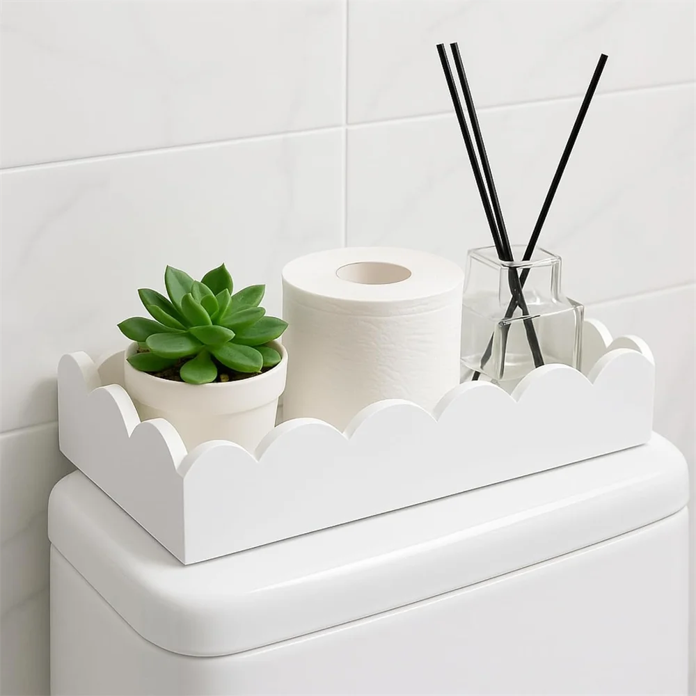 Scalloped Wooden Bathroom Tray, Farmhouse Toilet Tank Topper Decor Tray & Vanity Organizer