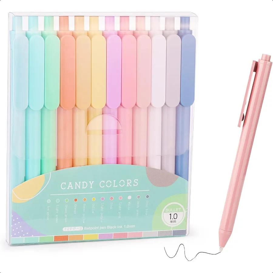 

12 шт. шариковые ручки, удобные пастельные выдвижные красивые журналы, черные чернила, средняя точка 1,0 мм, подарок, милый офис pl