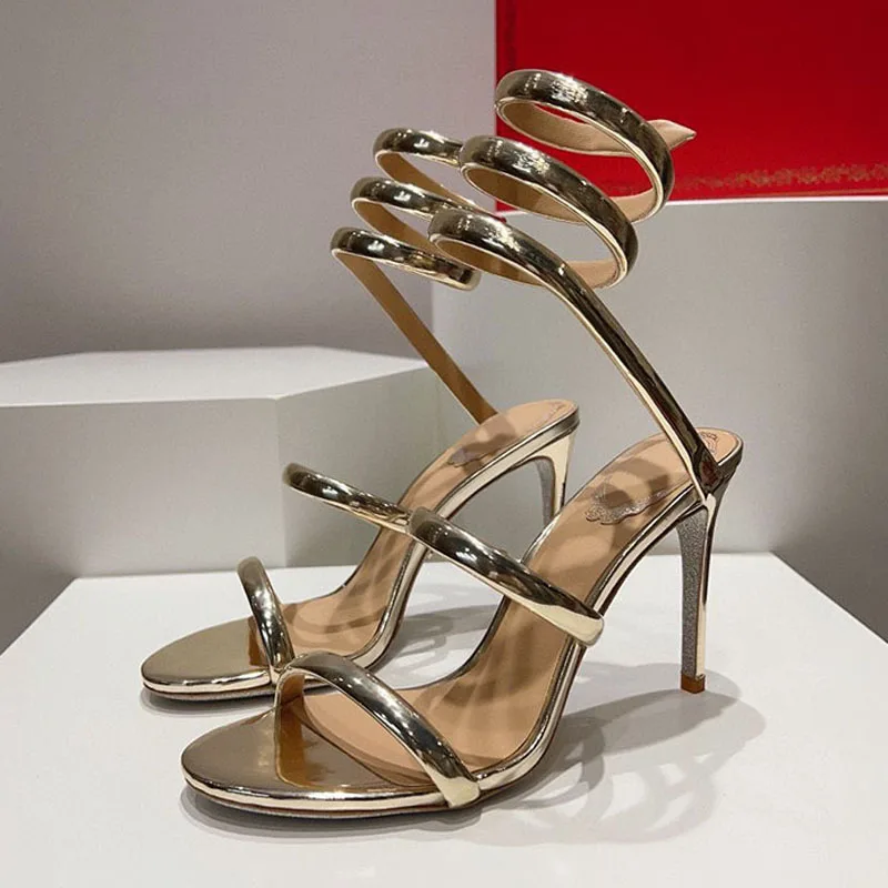 

Новые сандалии с ремешком на щиколотке в форме змеи, женские сандалии на тонком высоком каблуке с одним ремешком, летние модельные туфли-лодочки