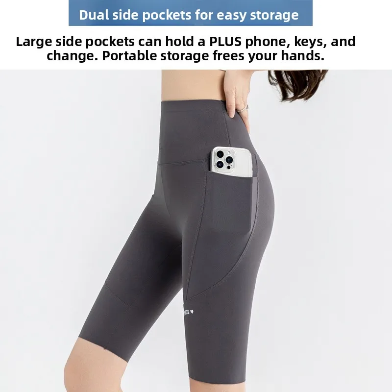 하이웨이스트 요가 팬츠 여름 얇은 5부 길이 사이클링 팬츠 이중 레이어 스킨 타이트 핏 베이스 레이어 캐주얼 팬츠