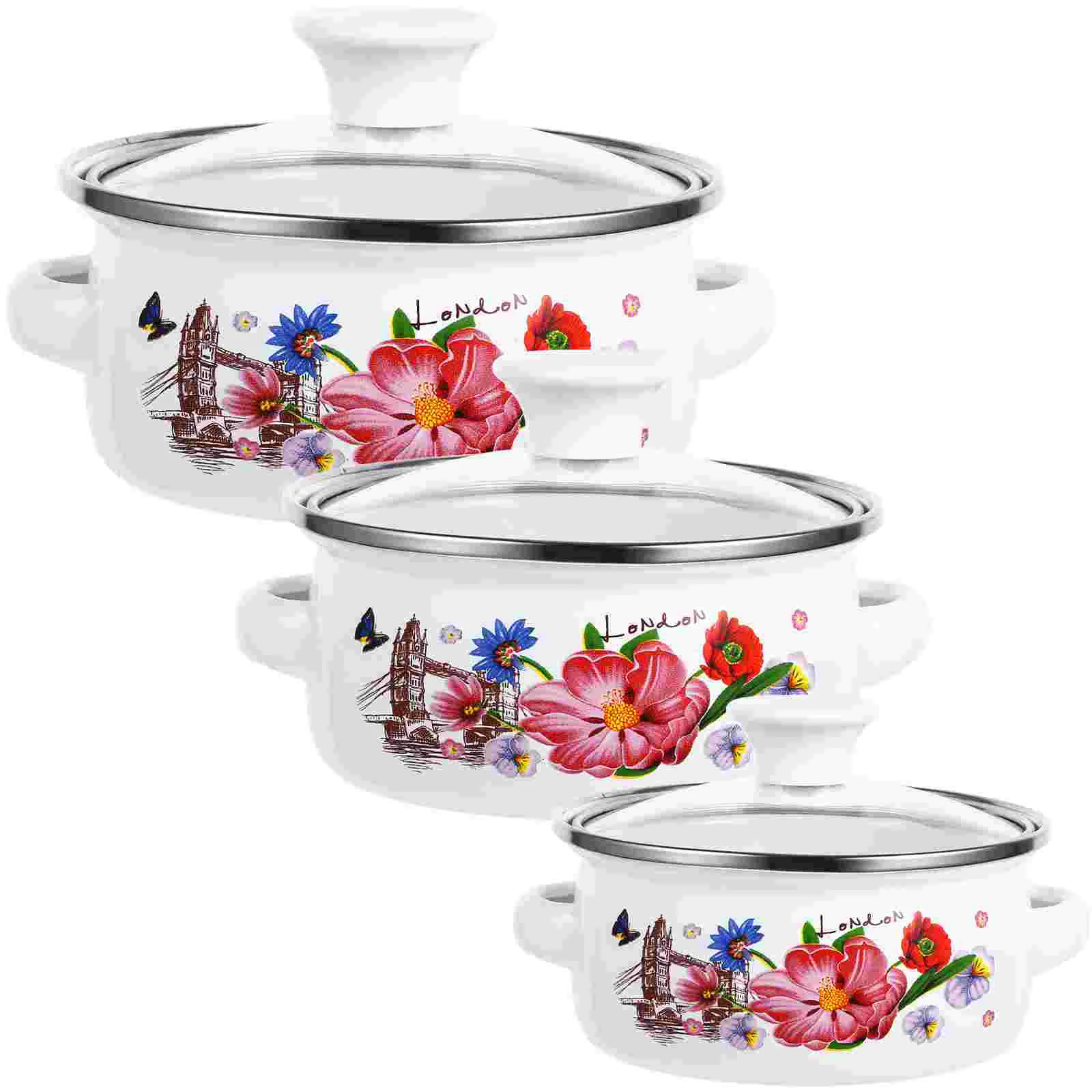 

Kitchen Enamel Stockpot Lid 3Pcs Retro Flower Stew Bean Cooking Pot Vintage Soup Pot Handles Nonstick Simmer Pot