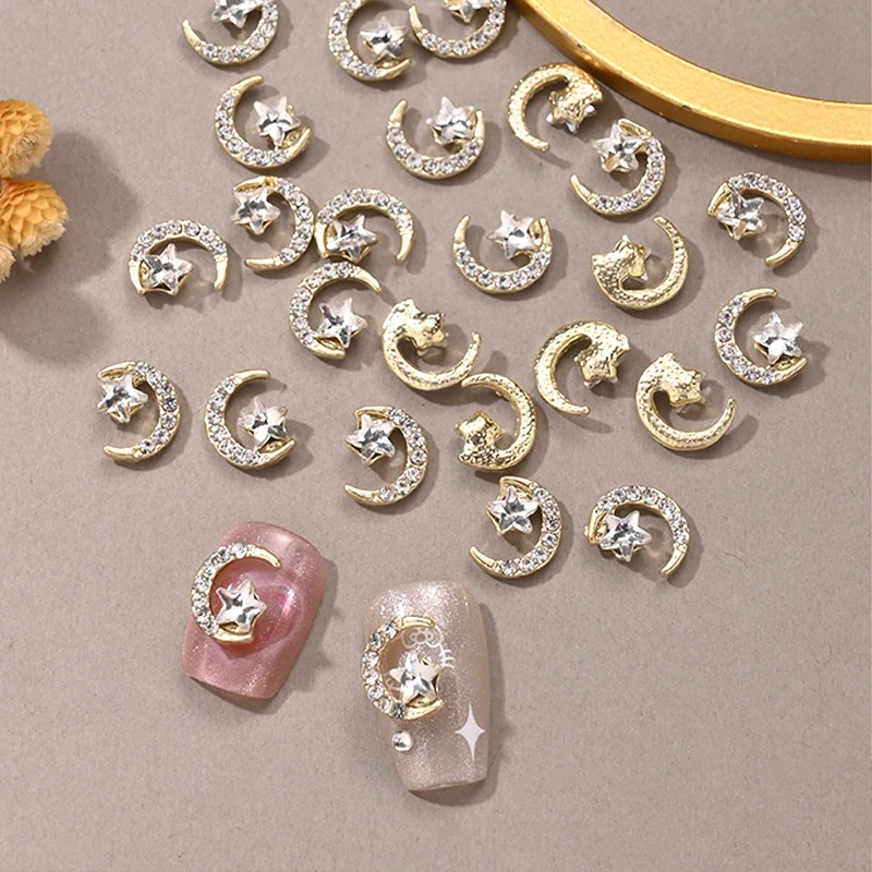 10pcs Star Moon Nail Charms Gold Silver Luxury Diamond-encrusted Rhinestones Nails Art Decoration DIY Alloy Manicure Accessories