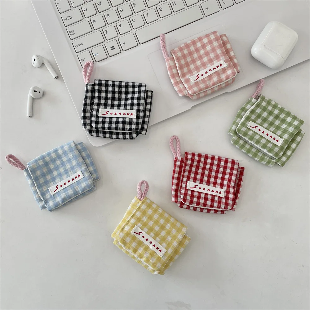 New Plaid Mini Soft Headphone Case Portable Earbuds Pouch Box Canvas Earphone Storage Bag Protective USB Cable Organizer