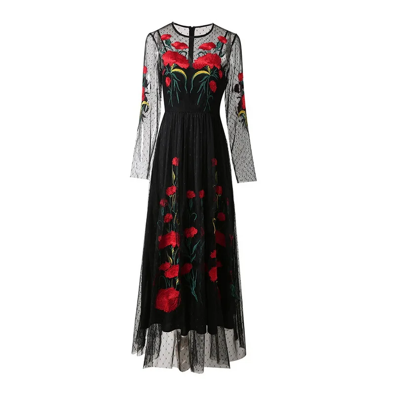 

European and American women's clothes 2023 summer new Round neck Carnations with long - sleeved mesh embroidery Pleated Dress