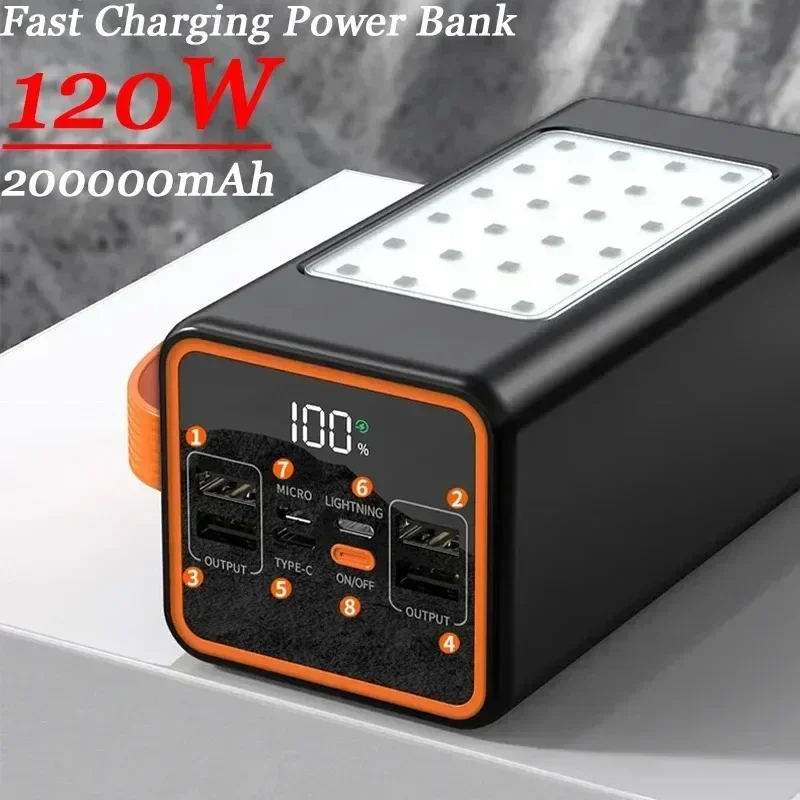 200Ah 100Ah Large Power Bank 120W Fast Charging with 4 Built-in Cables Portable Charger External Battery for iPhone