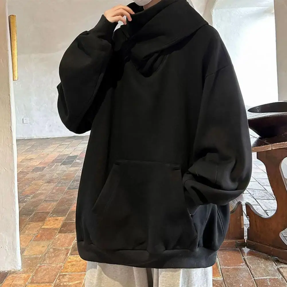 Fall Winter Men Hoodie Oversize Hooded Long Sleeves Hip Hop High Collar Big Patch Pocket Elastic Cuff Mid Length Warm Top